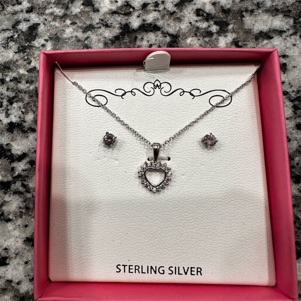 Sterling Silver Heart Pendant Necklace & Earring Set with Pink Cubic Zirconia